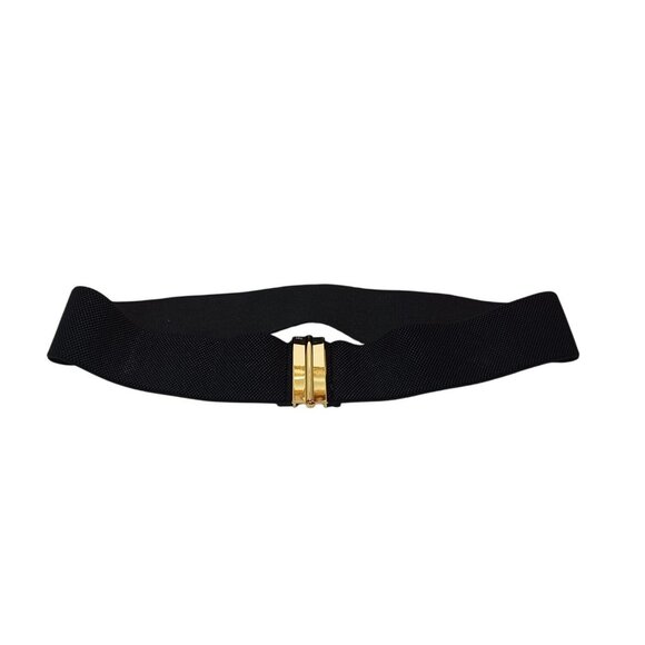 Lauren Ralph Lauren Belt Black Stretch Waist Gold Bar Closure Wide Elastic Sz L - Picture 1 of 8